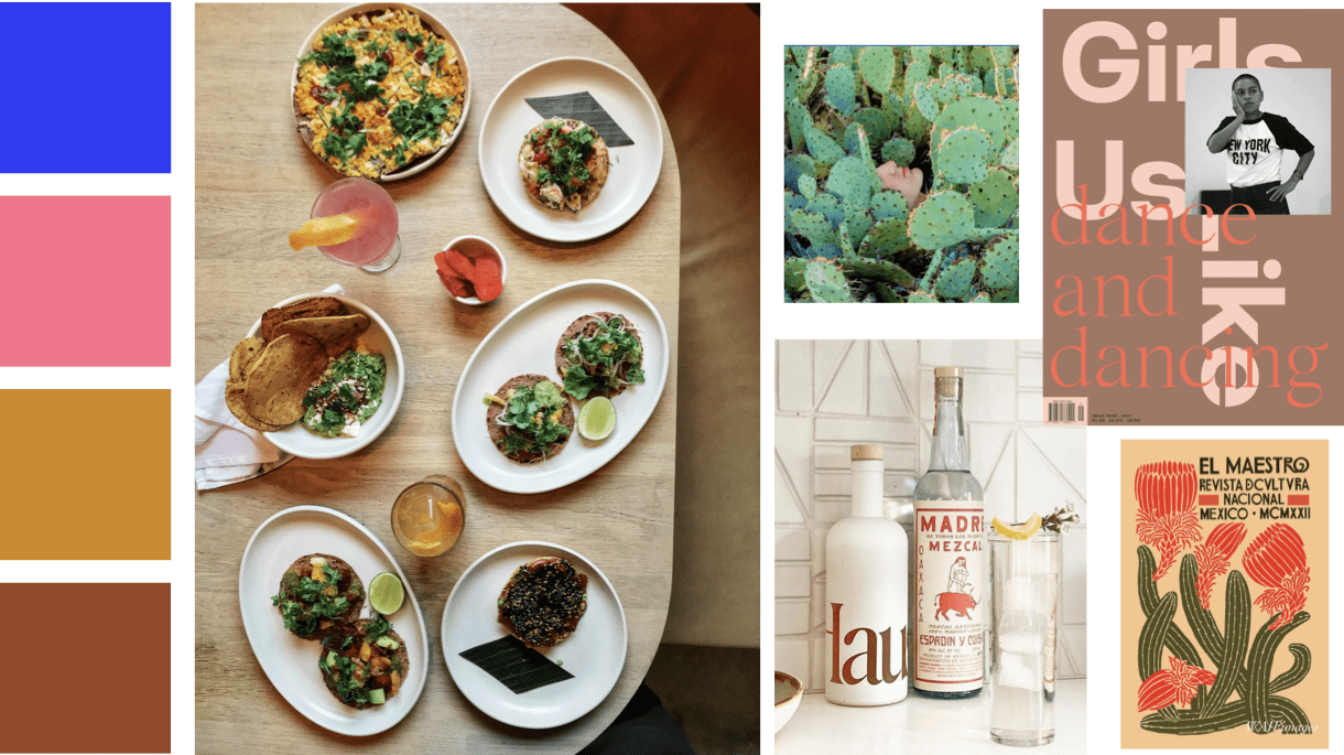 A mood board for a CPG brand including blue, pink and brown tones, food photography, and a Mexican inspired graphic.